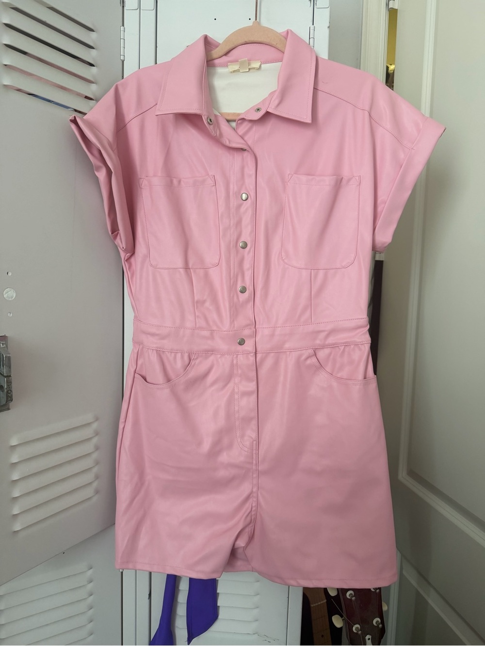 entro Pink Short-Sleeve Faux Leather Romper Jumpsuit